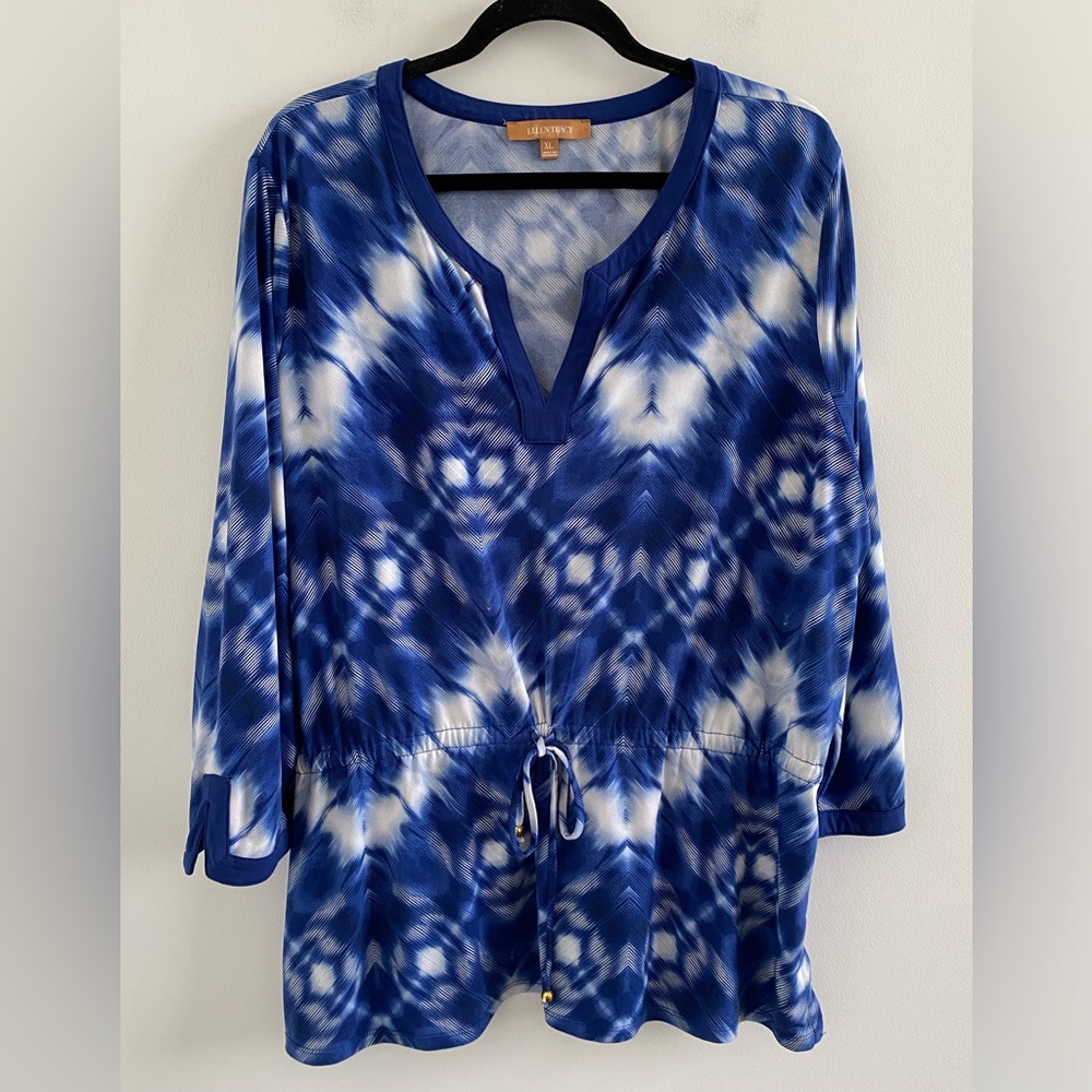 Ellen Tracy Navy & White Boho Tie Dye Drawstring Waist Tunic Size XL